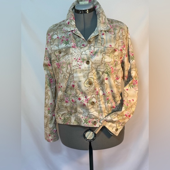 Christopher & Banks Size Lg Floral Map Print Jacket Travel Vacation Style - Picture 2 of 5